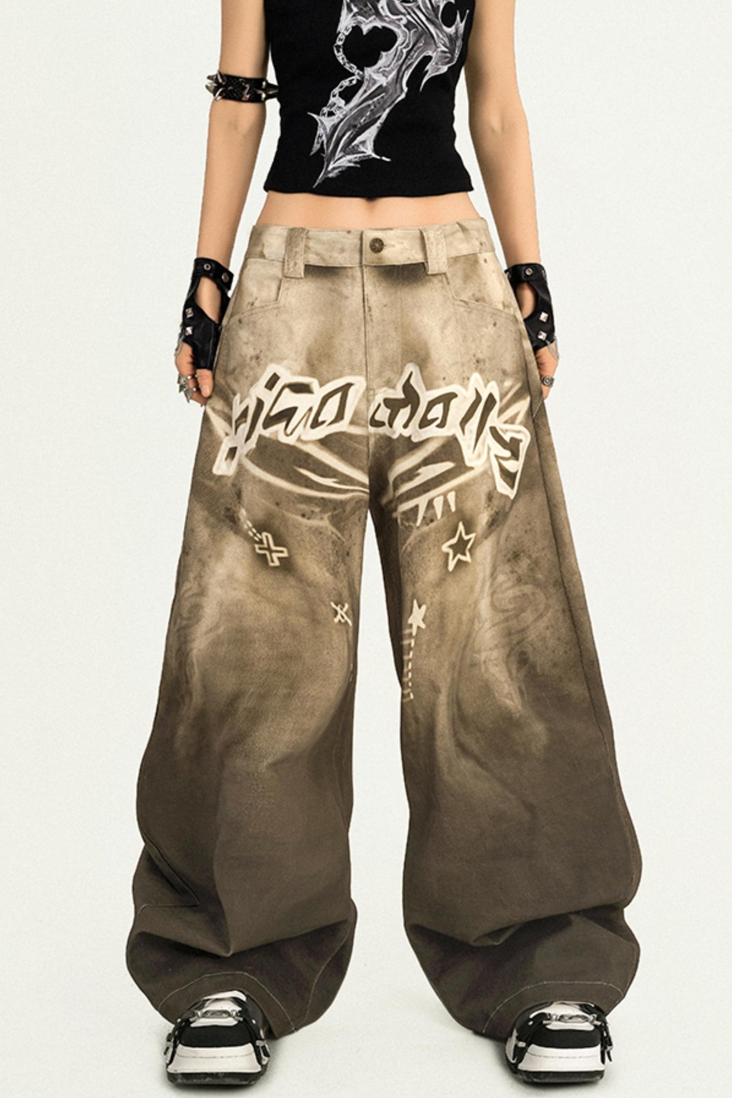 Vintage Street Print Wide-Leg Jeans