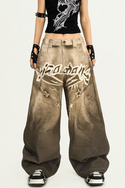Vintage Street Print Wide-Leg Jeans