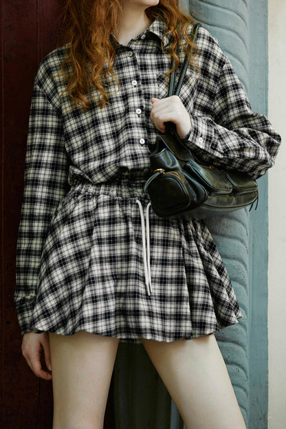 Check Embroidered Sleeve Shirt Dress