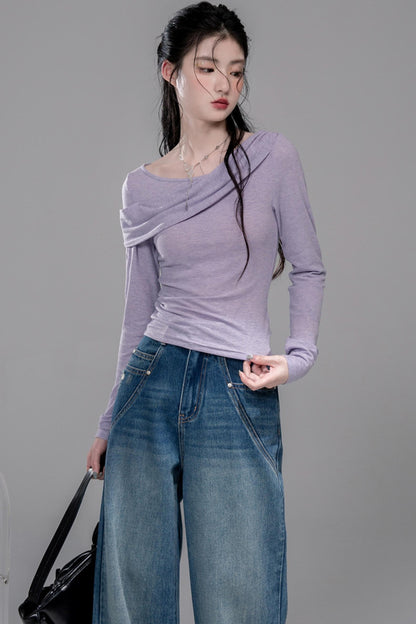 Diagonal Silhouette Long Sleeve Knit Top