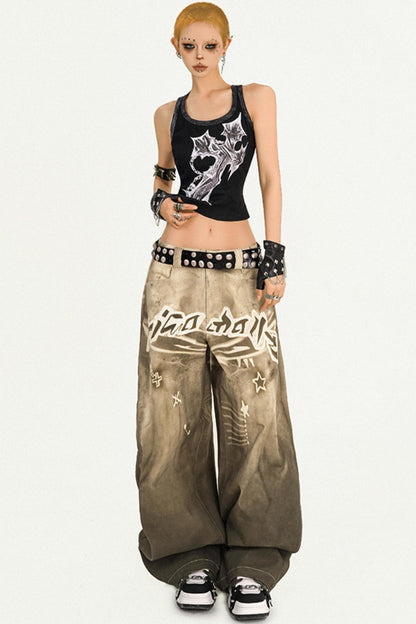 Vintage Street Print Wide-Leg Jeans