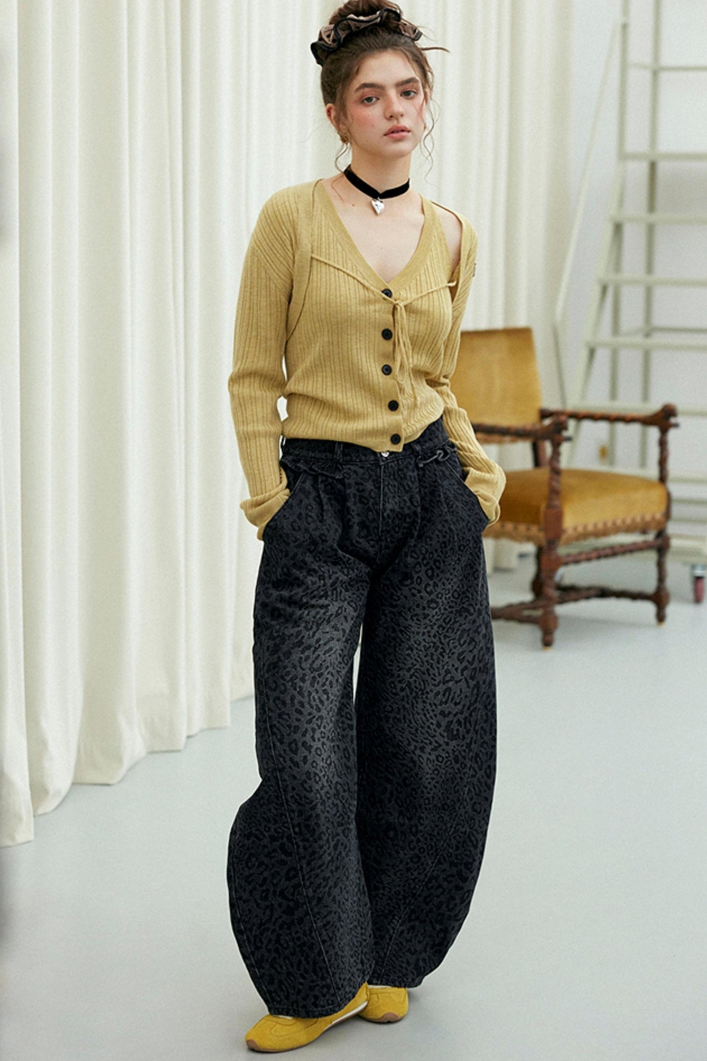 Gray Leopard Wide-Leg Jeans