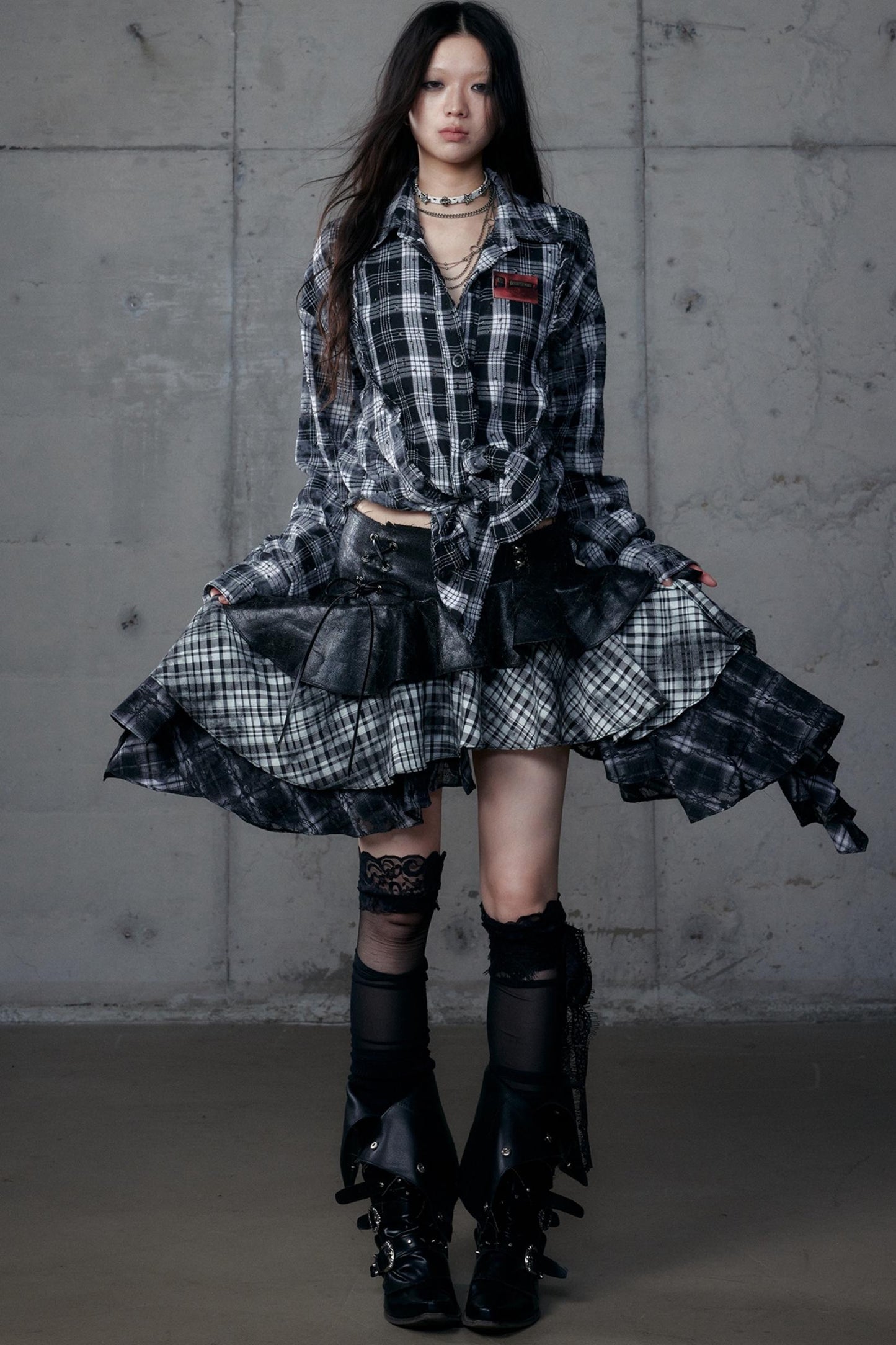 Dark Retro Plaid Leather Skirt