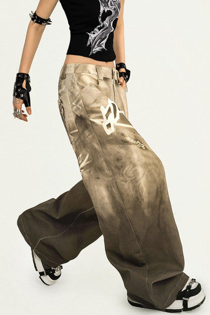 Vintage Street Print Wide-Leg Jeans