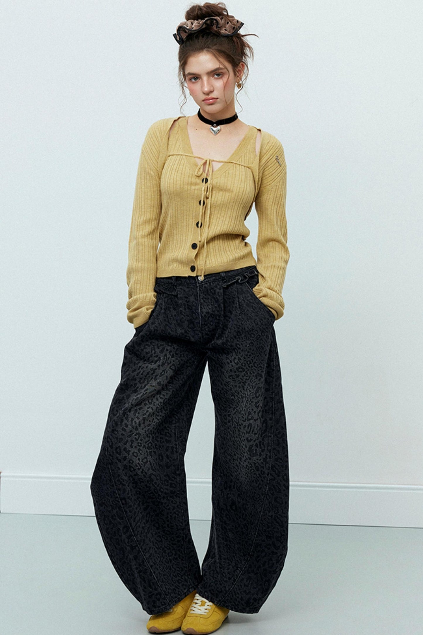 Gray Leopard Wide-Leg Jeans