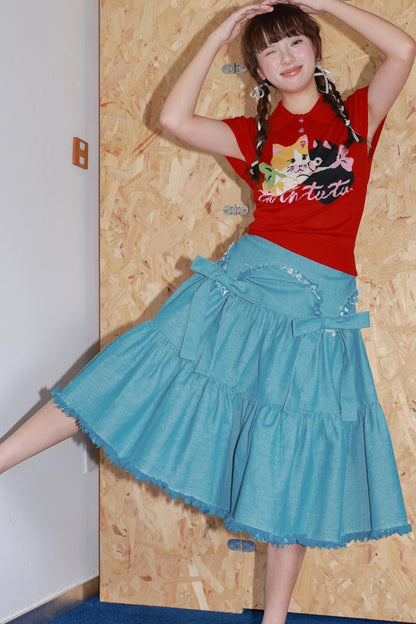 Blue Bow Tassel Denim Skirt