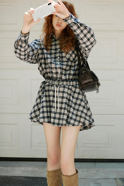 Check Embroidered Sleeve Shirt Dress