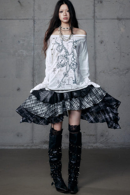 Dark Retro Plaid Leather Skirt