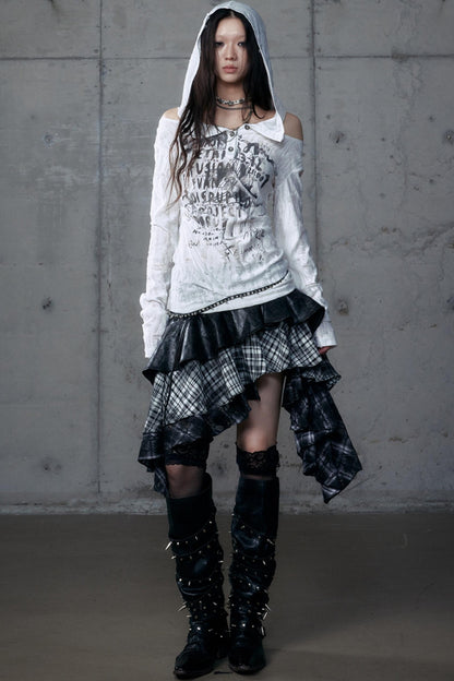 Dark Retro Plaid Leather Skirt