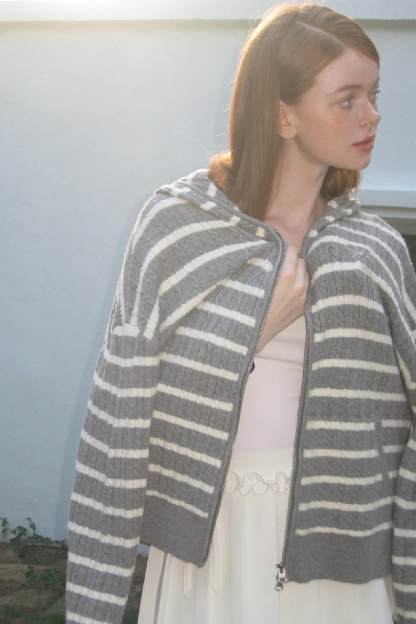 Vintage Gray Striped Hoodie Cardigan