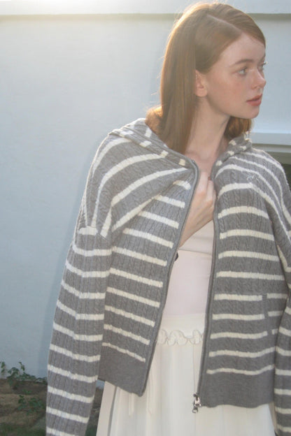Vintage Gray Striped Hoodie Cardigan