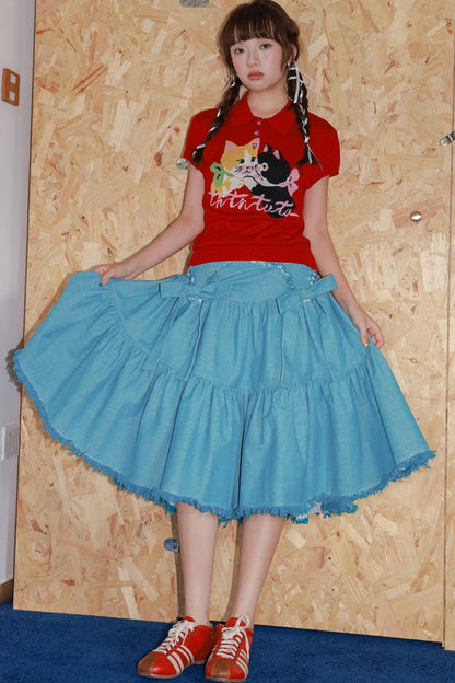 Blue Bow Tassel Denim Skirt