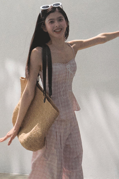 Plaid Linen Suspenders Set-Up