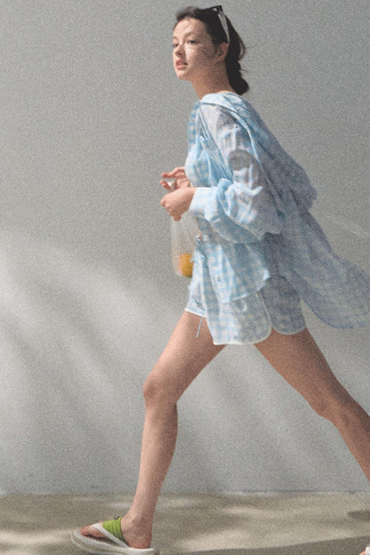 Tencel Hooded Sun Shirt & Plaid Shorts Set-Up