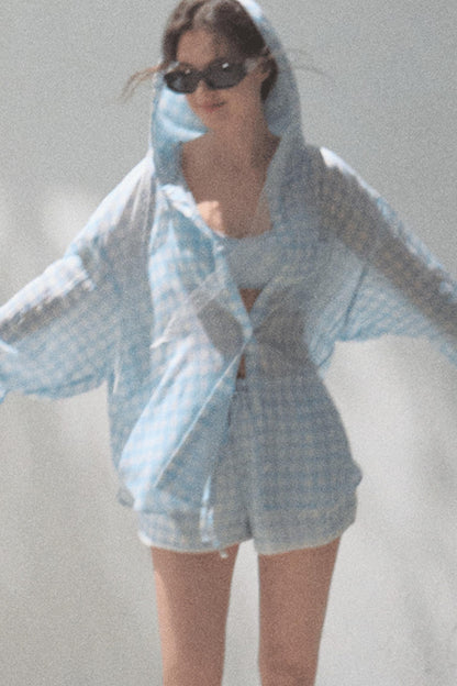 Tencel Hooded Sun Shirt & Plaid Shorts Set-Up