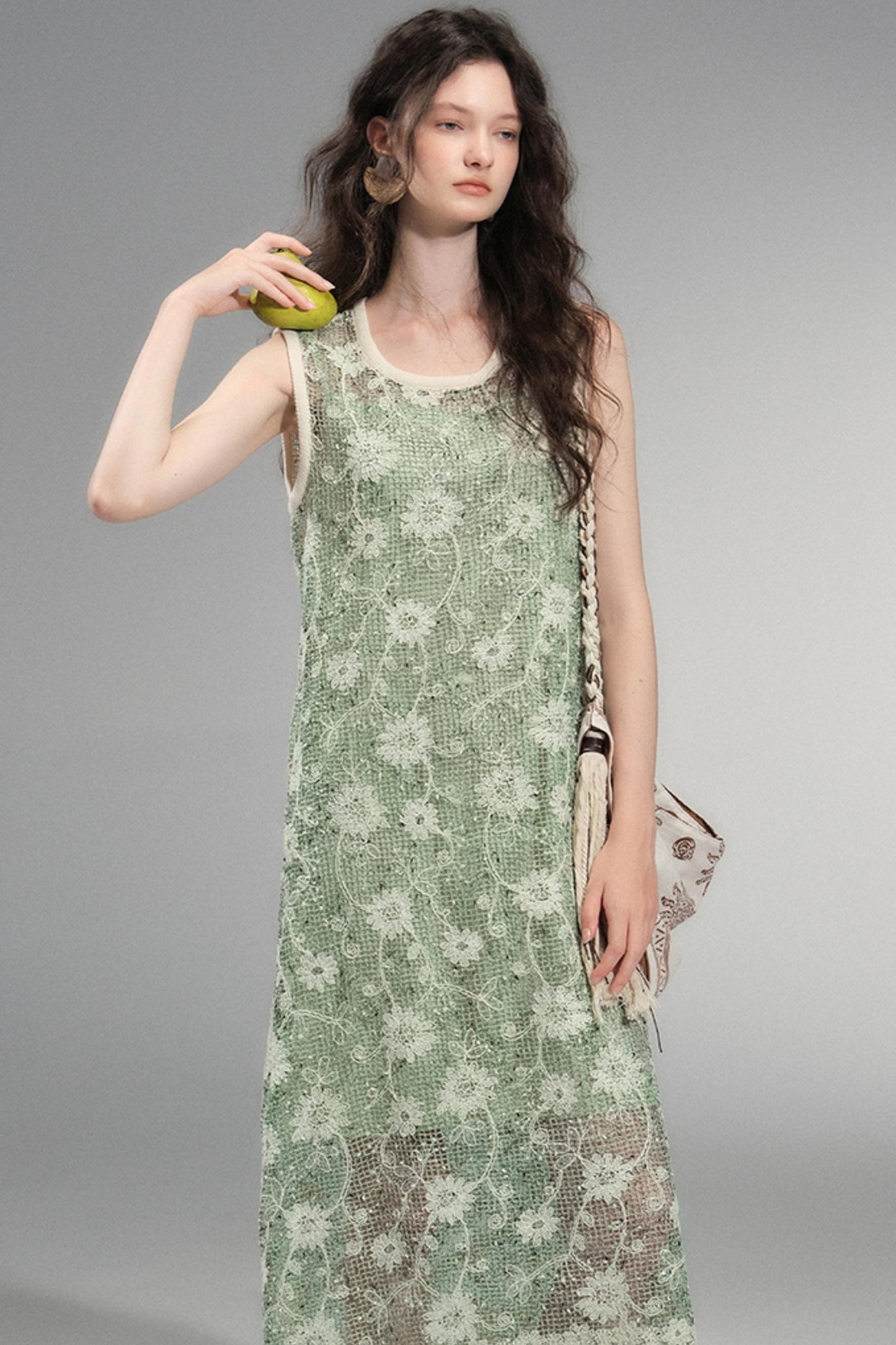 Moss Sequin Embroidery Tassel Dress