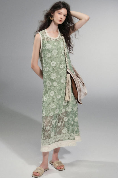 Moss Sequin Embroidery Tassel Dress