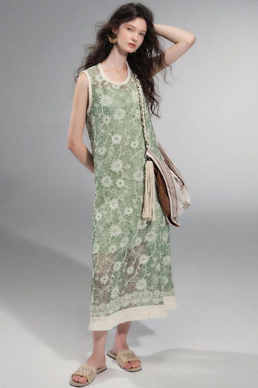 Moss Sequin Embroidery Tassel Dress