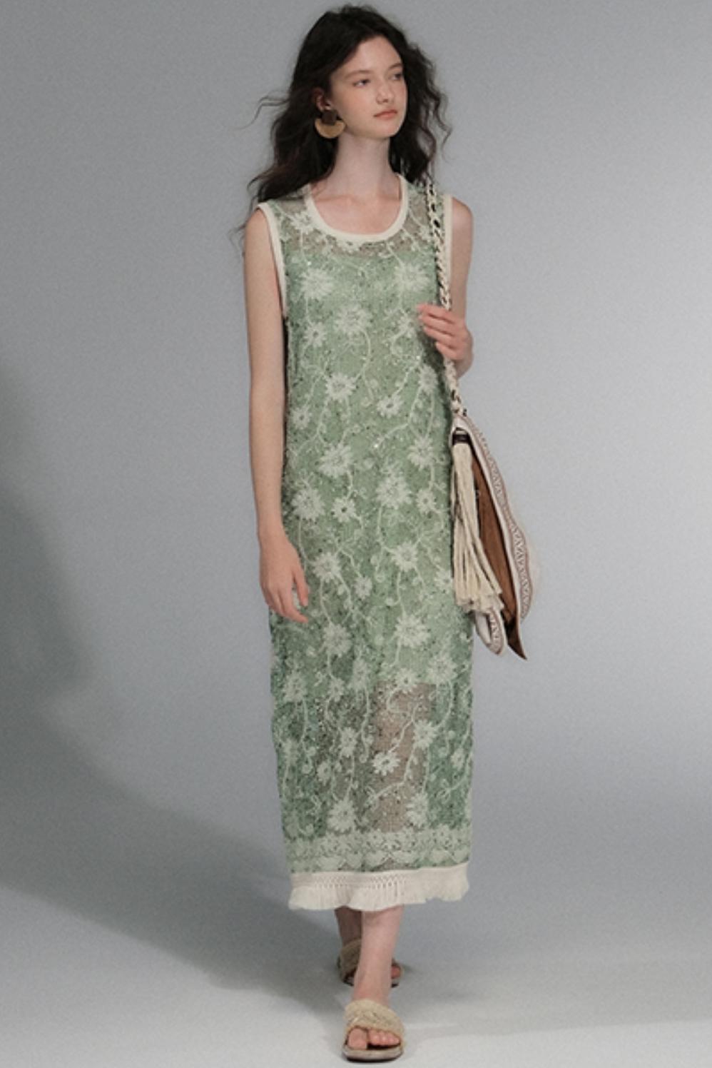 Moss Sequin Embroidery Tassel Dress