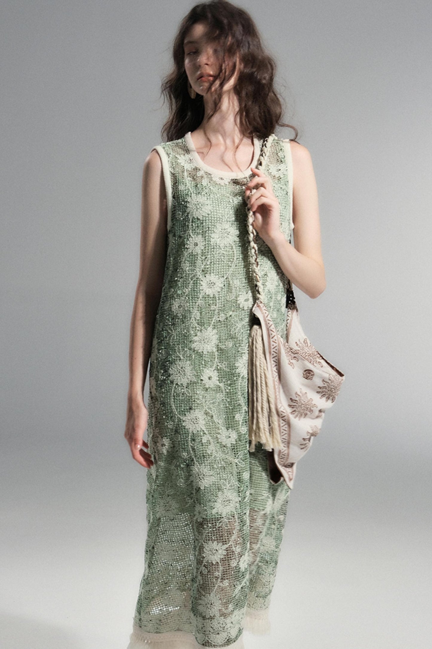 Moss Sequin Embroidery Tassel Dress