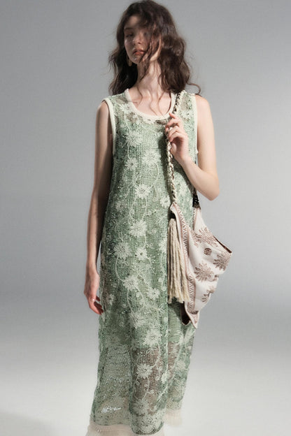 Moss Sequin Embroidery Tassel Dress