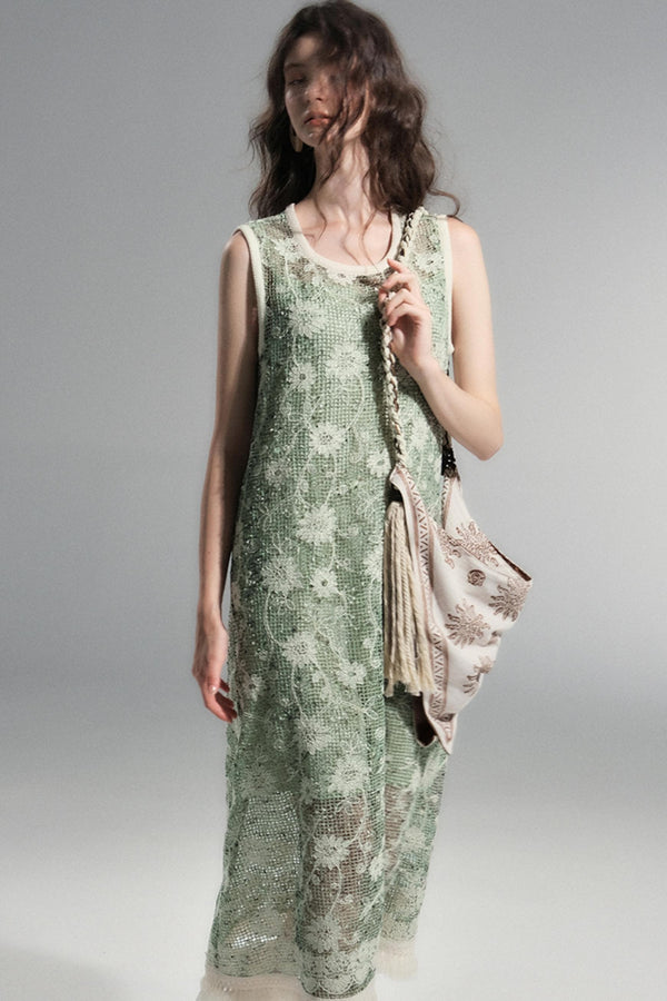 Moss Sequin Embroidery Tassel Dress