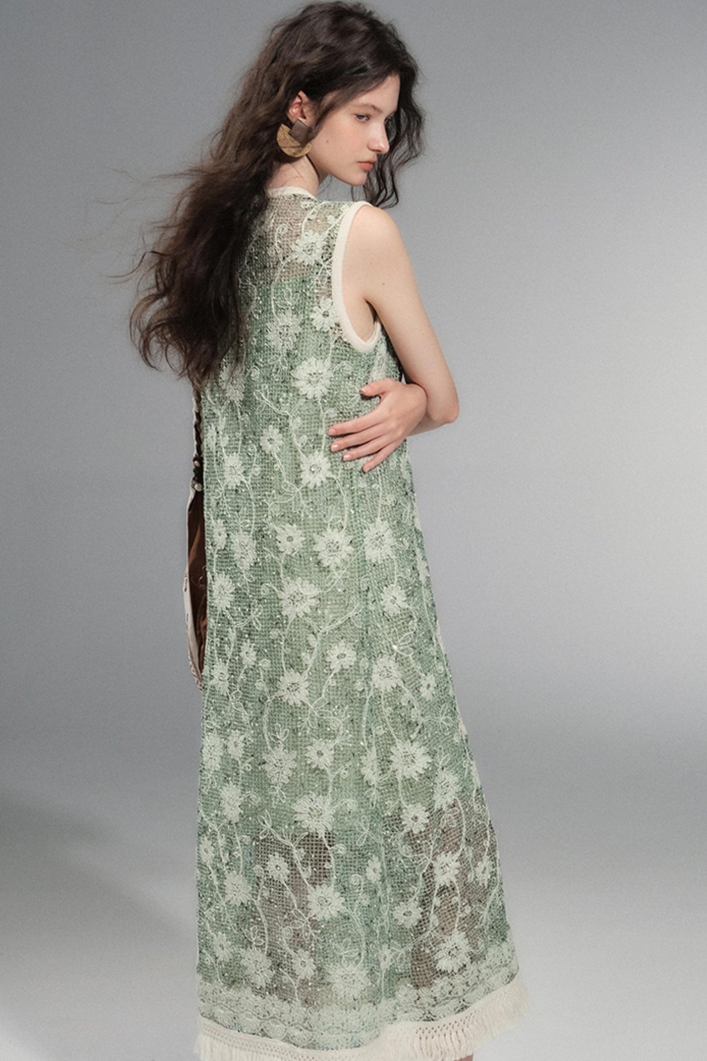 Moss Sequin Embroidery Tassel Dress