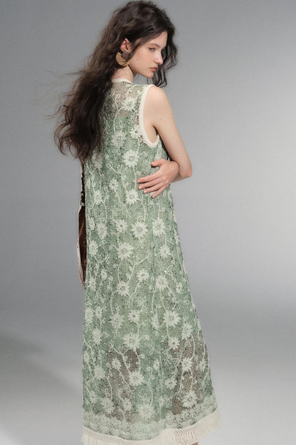 Moss Sequin Embroidery Tassel Dress