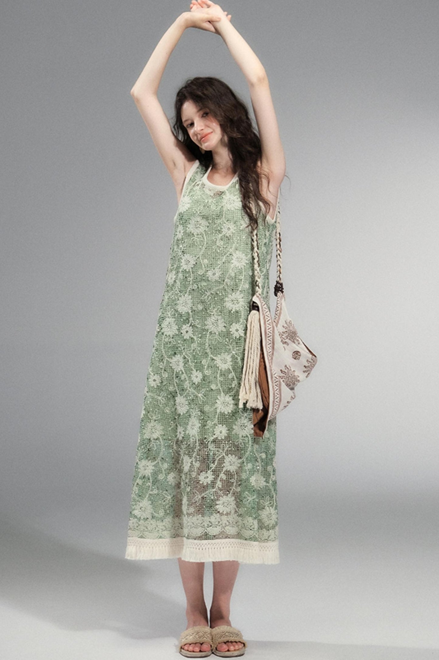 Moss Sequin Embroidery Tassel Dress