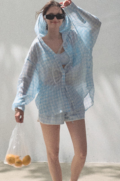 Tencel Hooded Sun Shirt & Plaid Shorts Set-Up