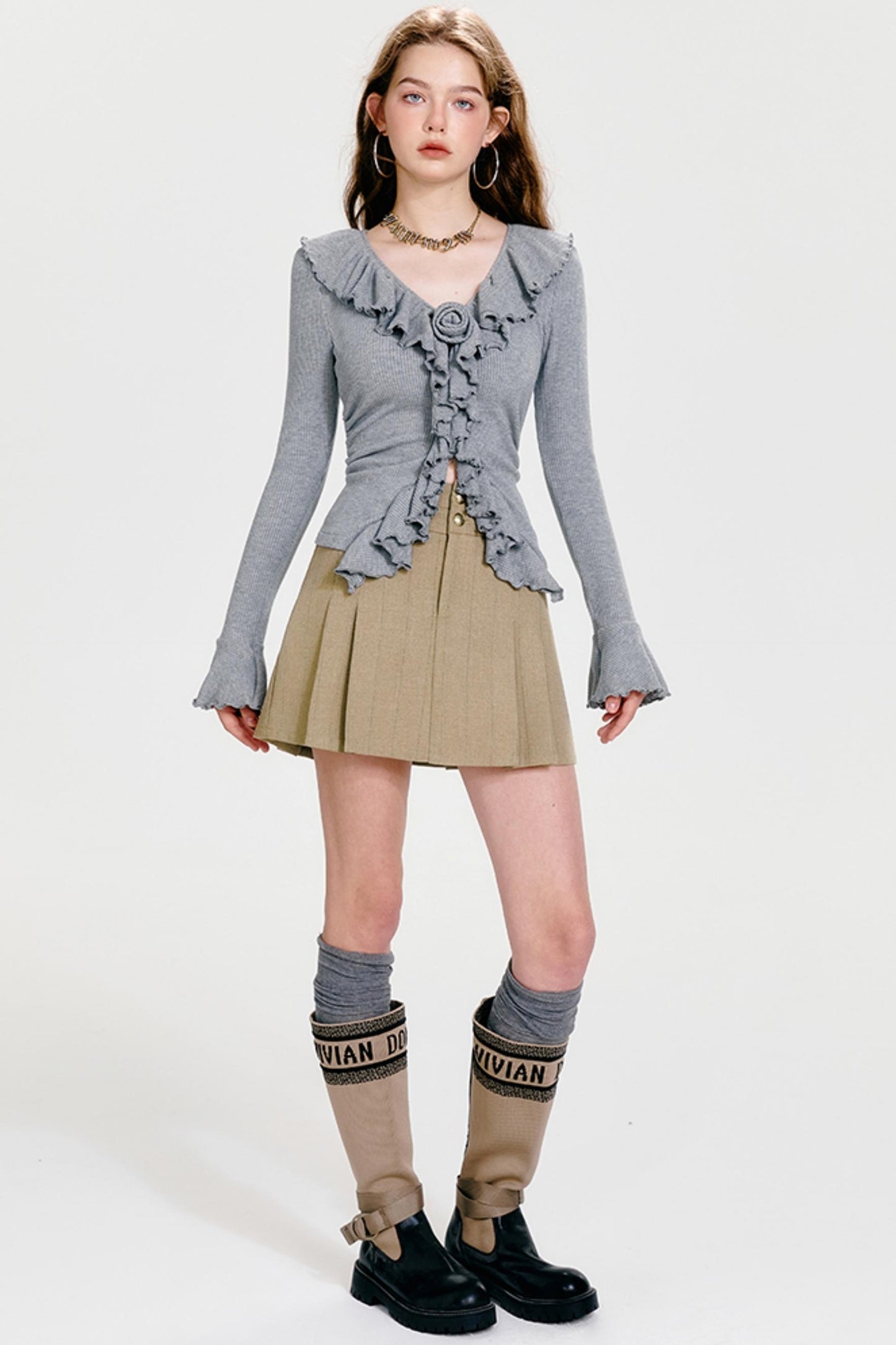 Chic V-Neck Ruffled Cardigan