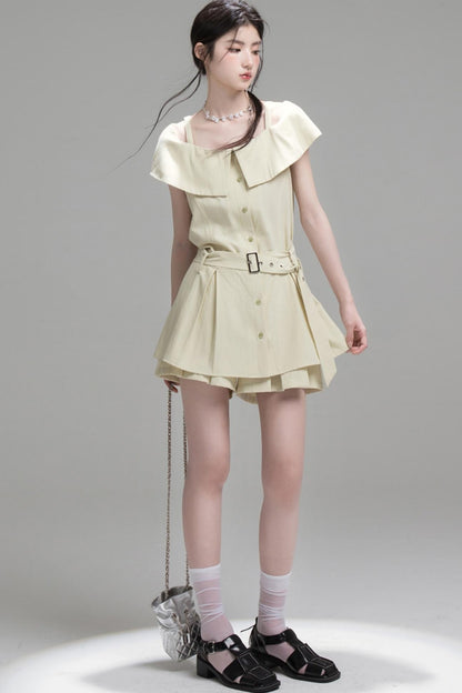 Layered Green Cutout Shirt & Pleat Shorts Set