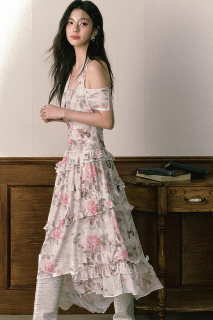 Rose Butterfly One Shoulder Mesh Dress