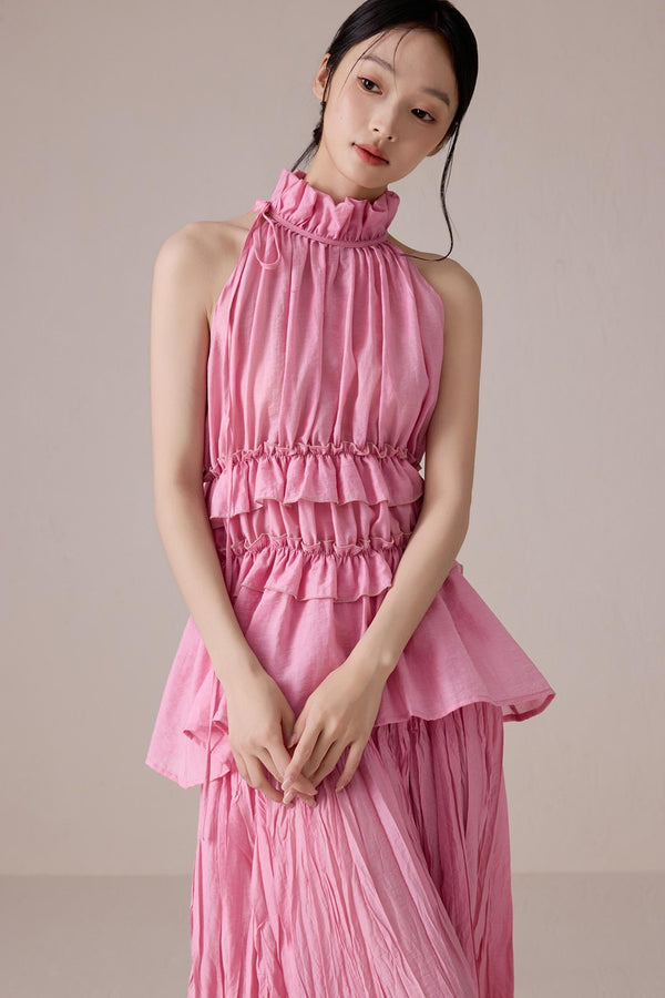 Pink Pleated Sleeveless Neck Top Set-Up