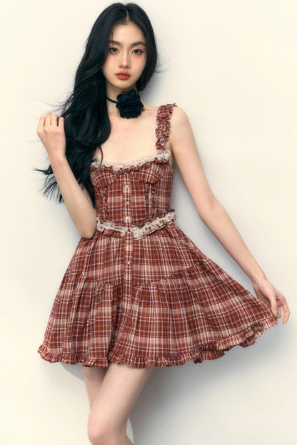 Pink Plaid Ruffle Lace Cami Dress