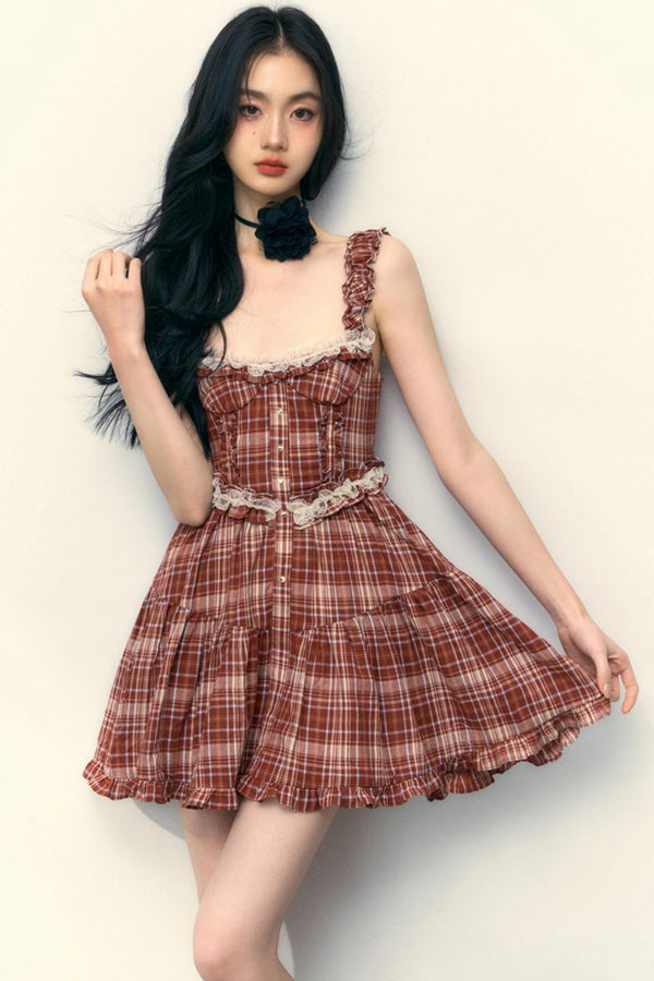 Pink Plaid Ruffle Lace Cami Dress