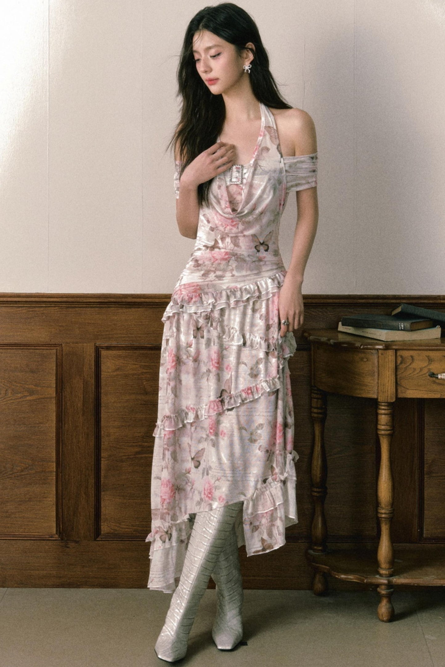 Rose Butterfly One Shoulder Mesh Dress