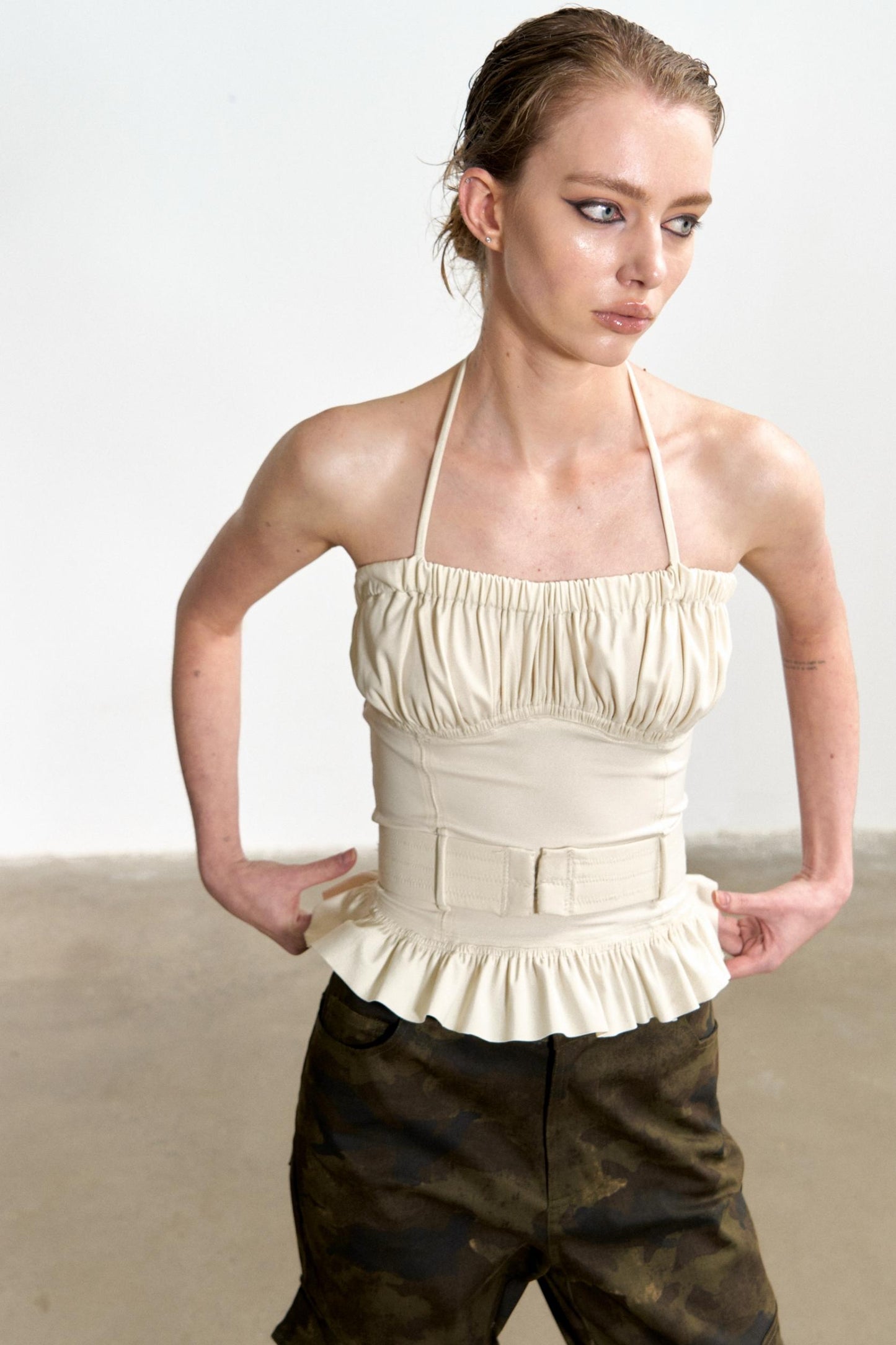 Beige Ruffled Sheath Top