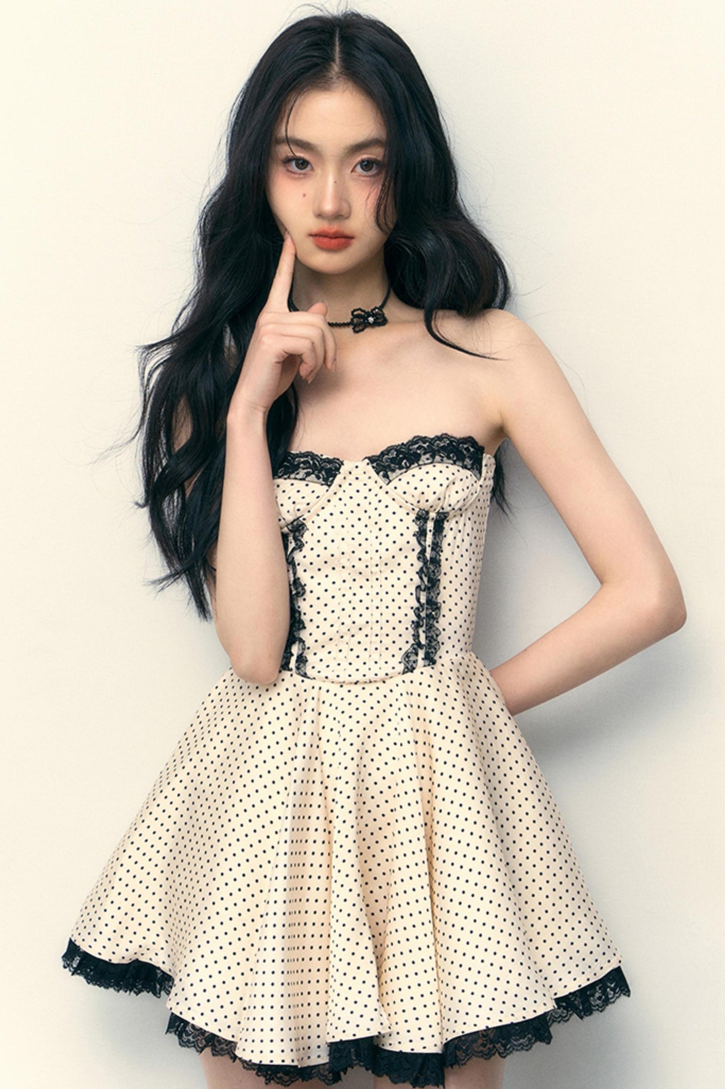 Satin Dot Lace Puff Skirt Mini Dress