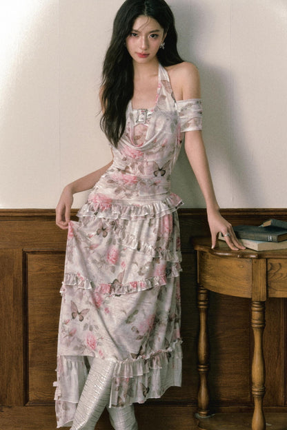 Rose Butterfly One Shoulder Mesh Dress