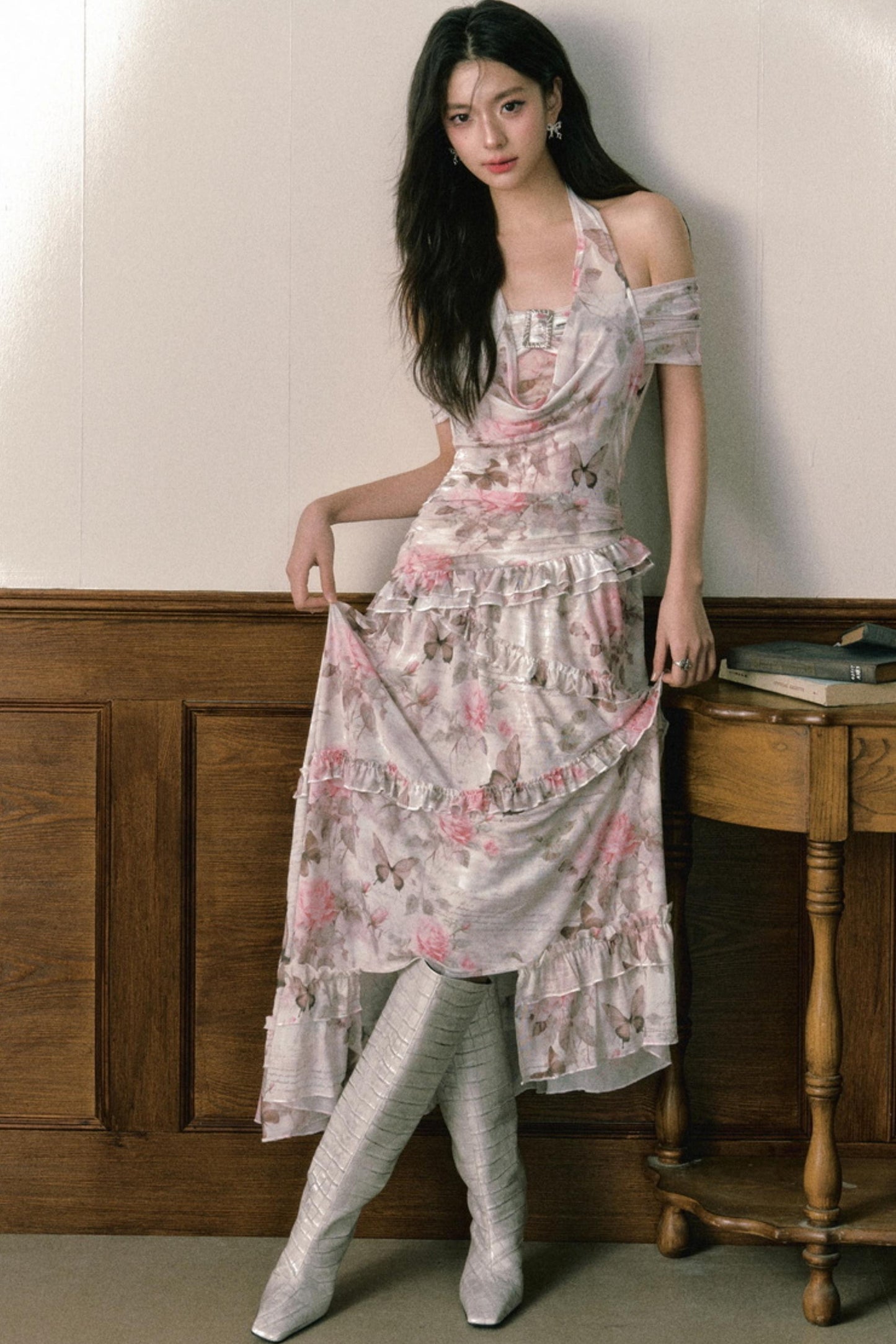 Rose Butterfly One Shoulder Mesh Dress