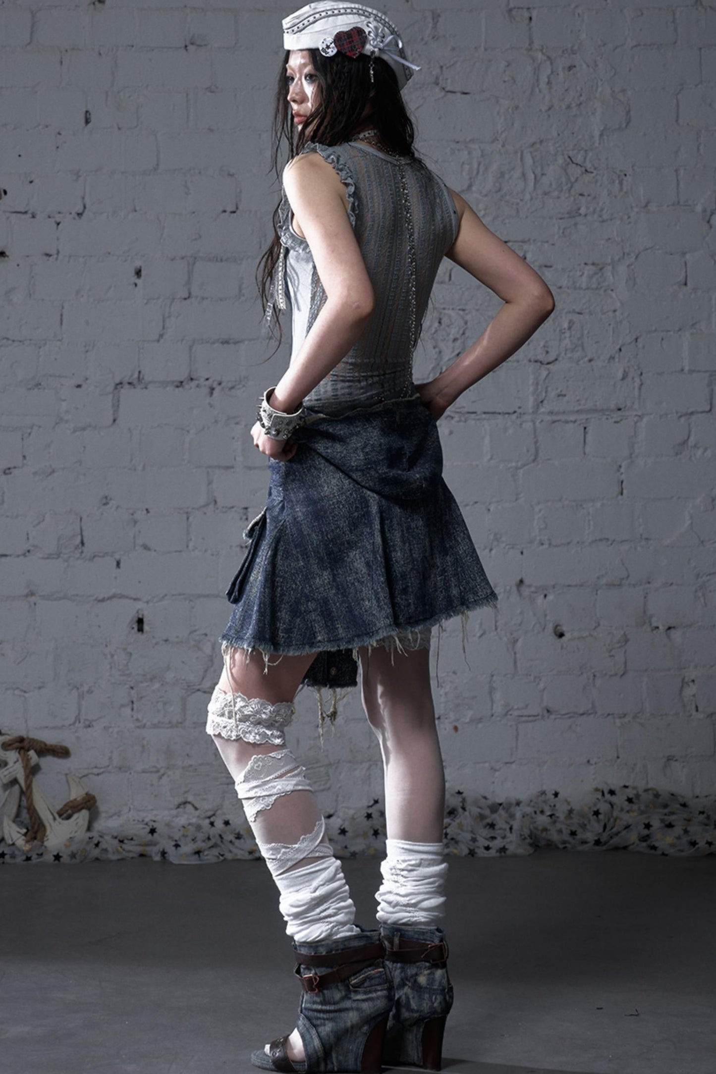 Punk Washed Denim Shirt Skirt