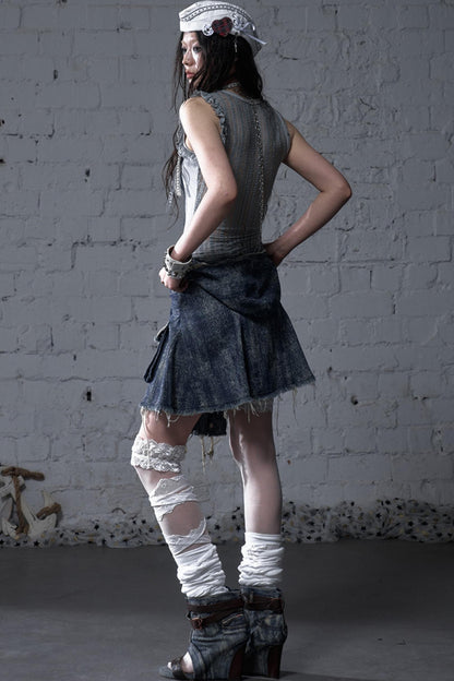 Punk Washed Denim Shirt Skirt