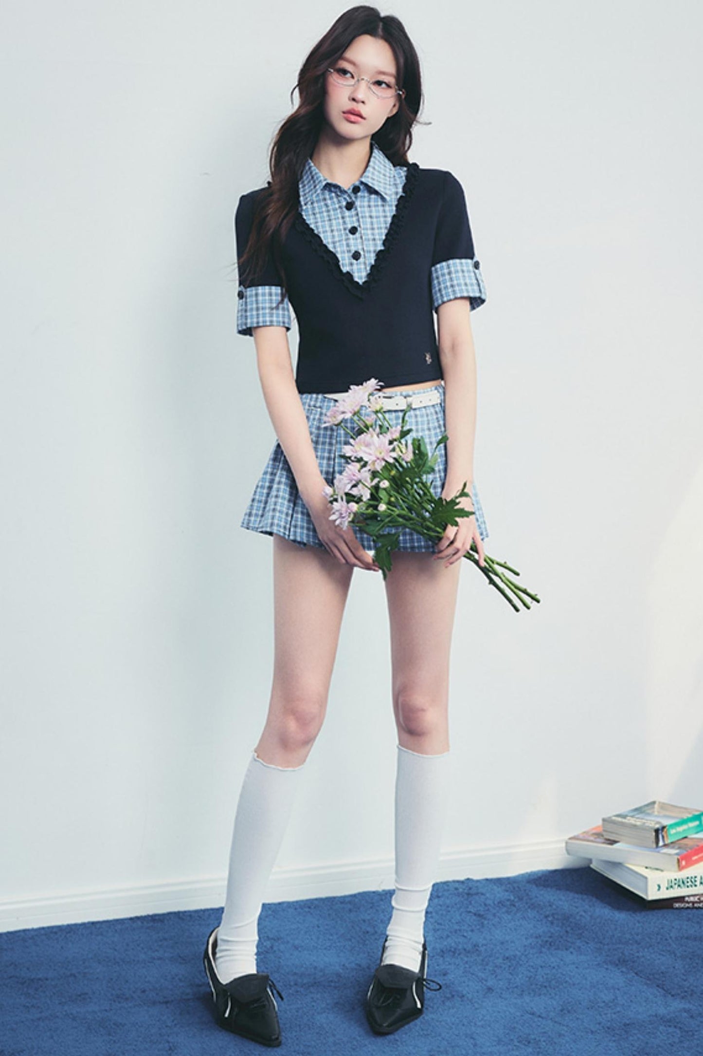 Checked Polo Shirt And Pleated Skirt Set-Up