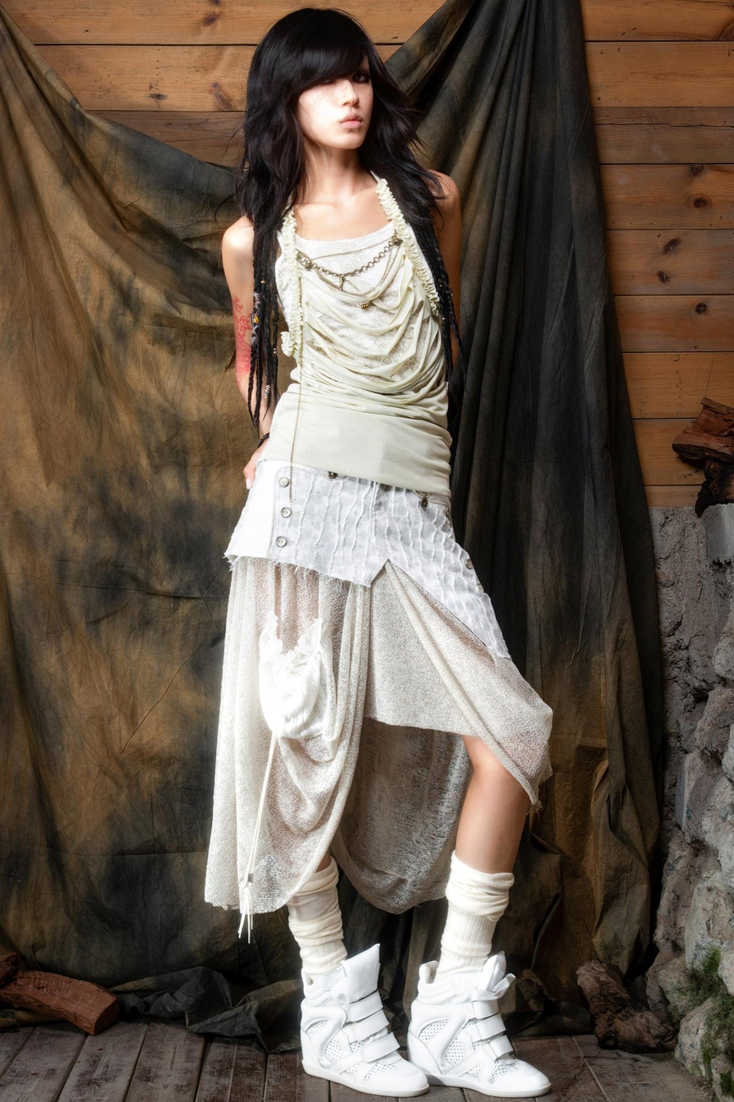 Vintage Patchwork Mesh Maxi Skirt