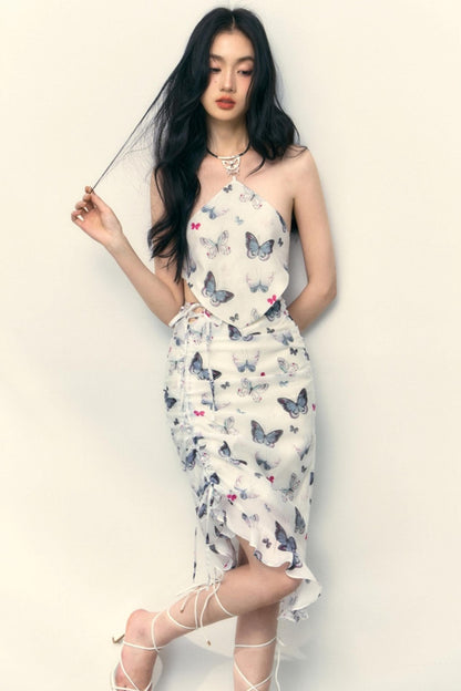 Butterfly Bloom Halter Drawstring Skirt Set-Up