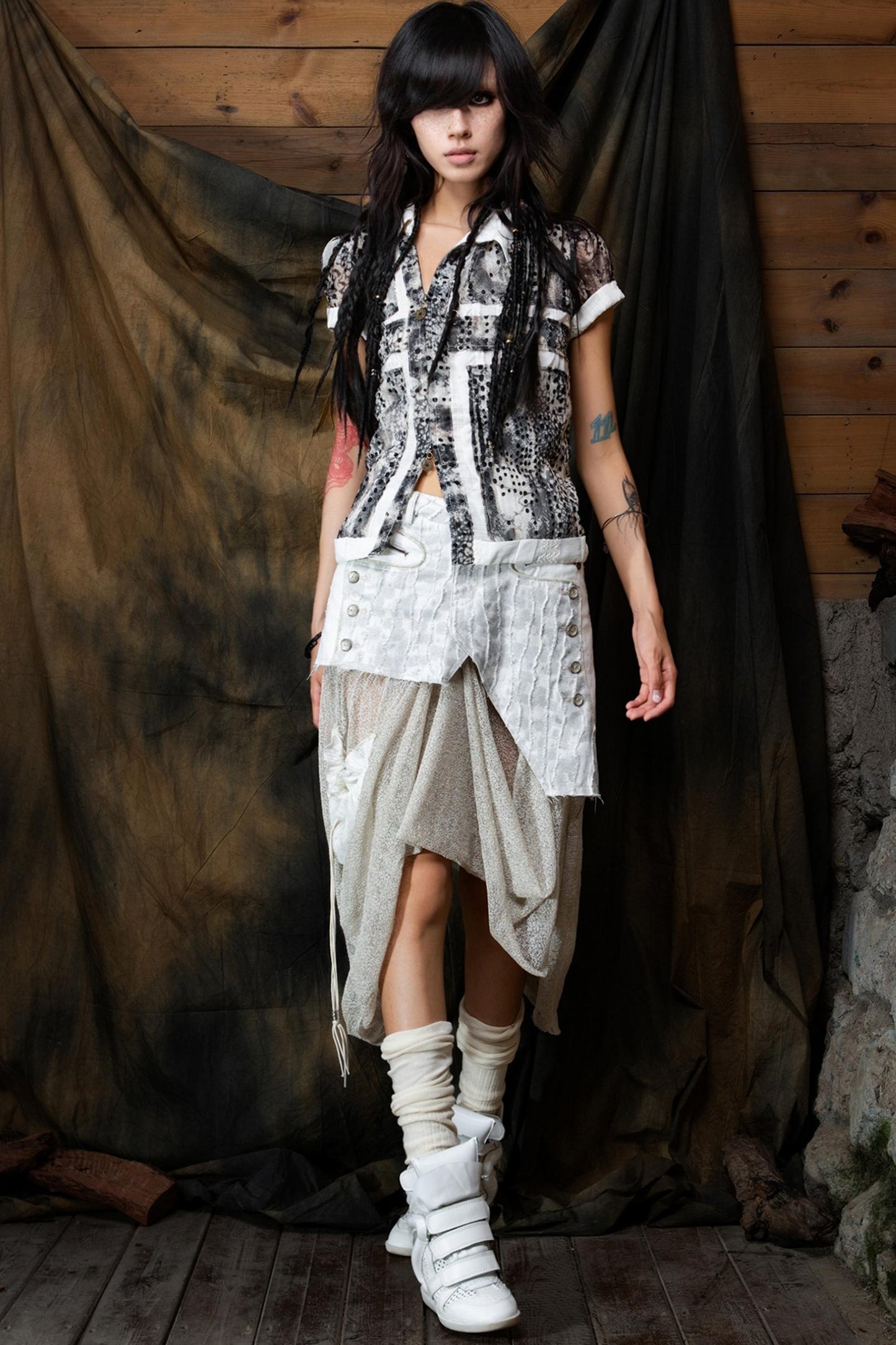 Vintage Patchwork Mesh Maxi Skirt