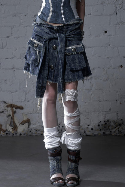 Punk Washed Denim Shirt Skirt