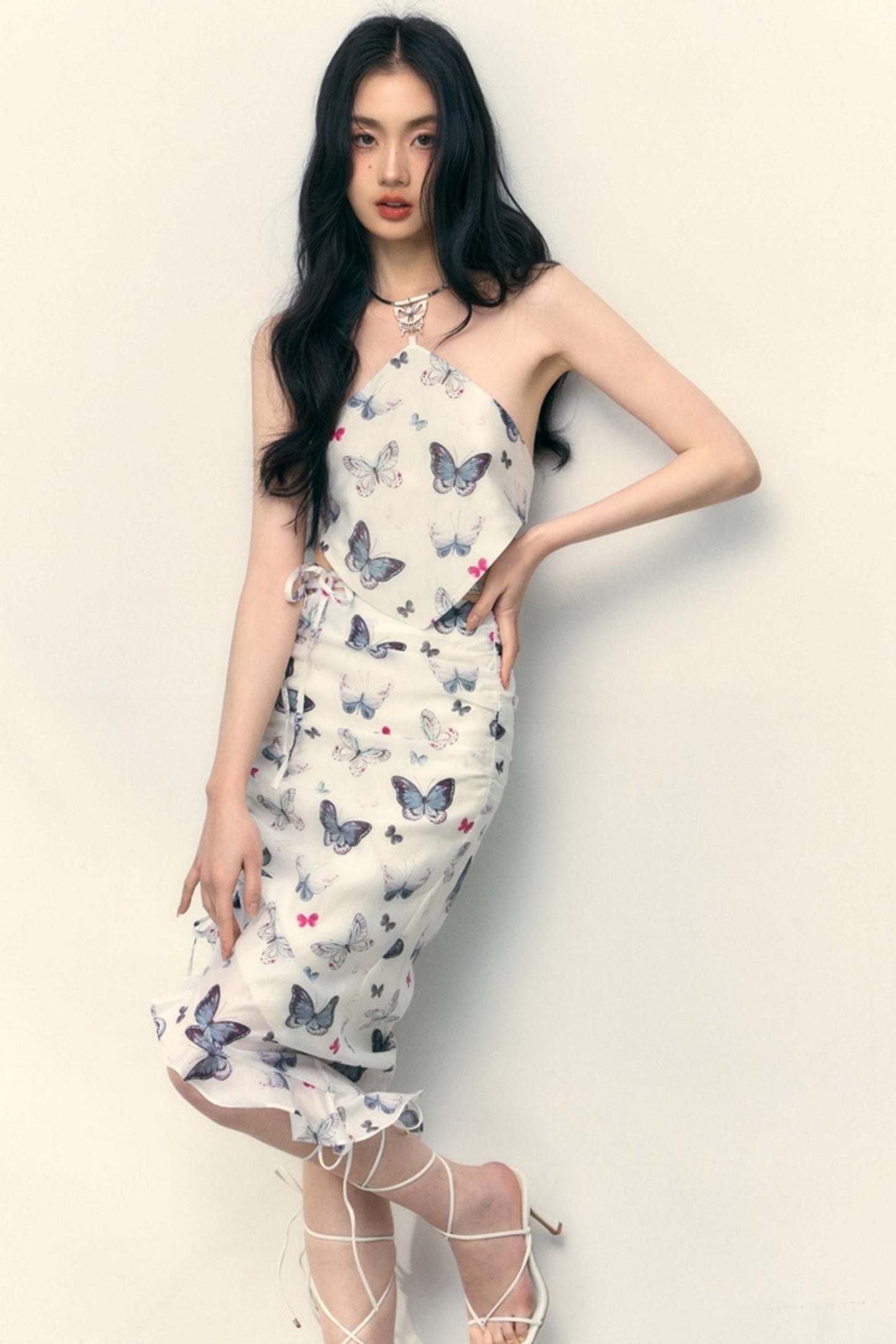 Butterfly Bloom Halter Drawstring Skirt Set-Up