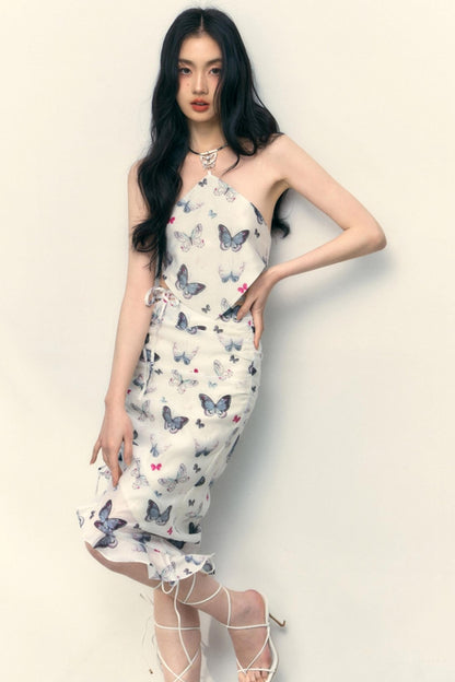 Butterfly Bloom Halter Drawstring Skirt Set-Up